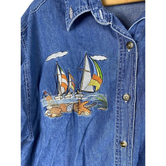 Quizz Shirt 24 2X Embroidered Denim Chambray Sailboat Boat Nautical Womens - Picture 4 of 7